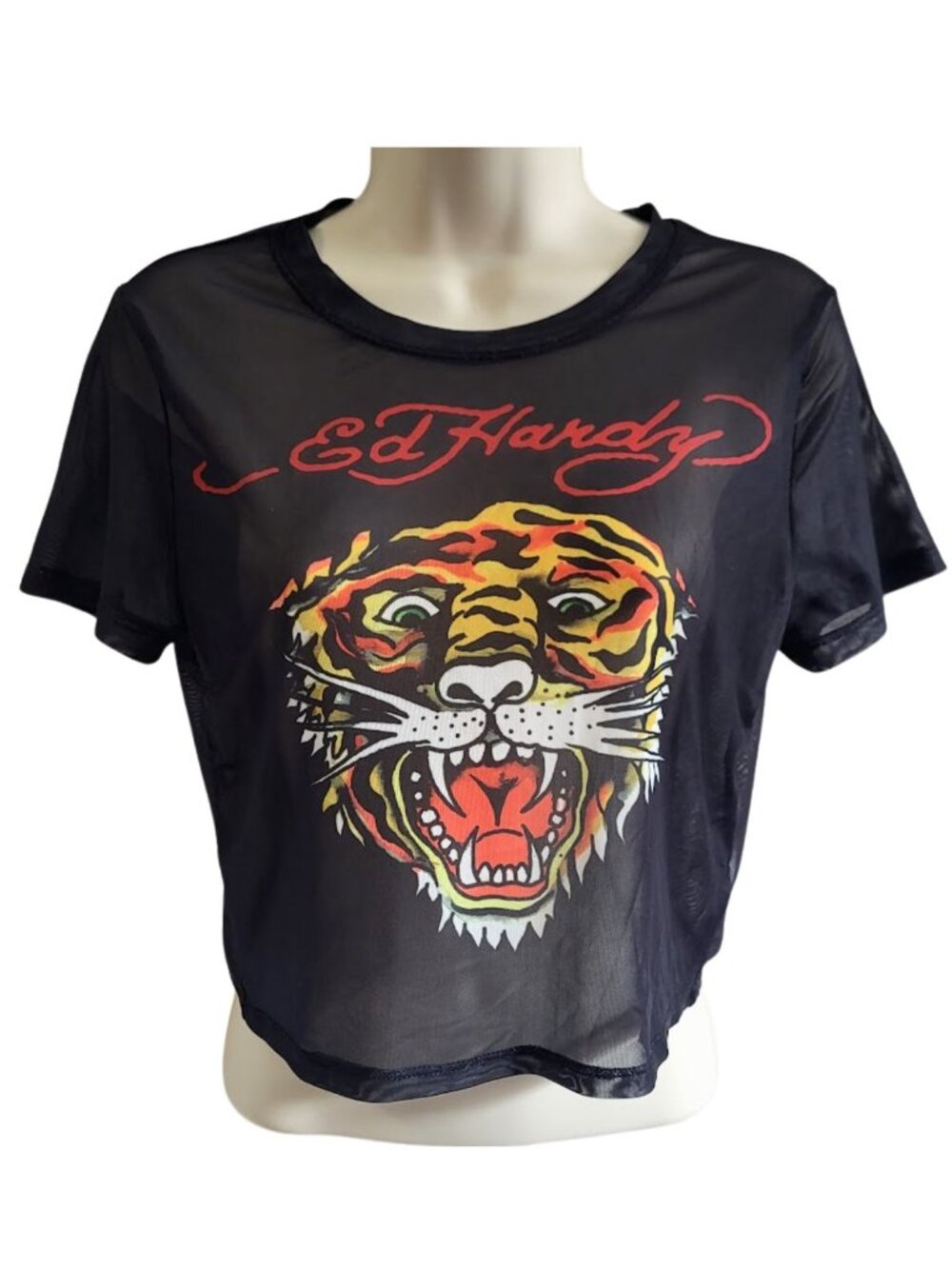 ED HARDY Y2K Tiger Head Power Black Mesh Cropped Baby Tee - Women's L
